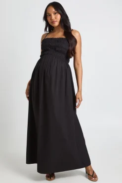 Robe Longue De Maternité En Popeline De Coton Froncée À Bretelles