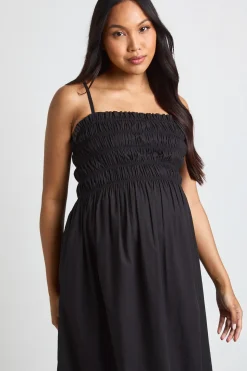 Robe Longue De Maternité En Popeline De Coton Froncée À Bretelles