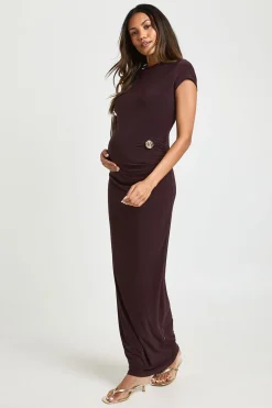 Robe Longue de Maternité à Manches Courtes avec Détail de Fronces à la Taille