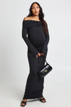 boohoo Robe Longue De Maternité À Épaules Dénudées Avec Manches Évasées Et Fronces<Femme Robes À Manches Longues|Robes