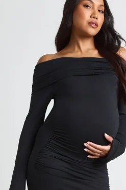 boohoo Robe Longue De Maternité À Épaules Dénudées Avec Manches Évasées Et Fronces<Femme Robes À Manches Longues|Robes