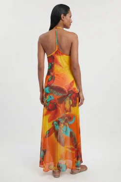Robe Longue De Plage En Georgette De Viscose À Imprimé Floral Photographique