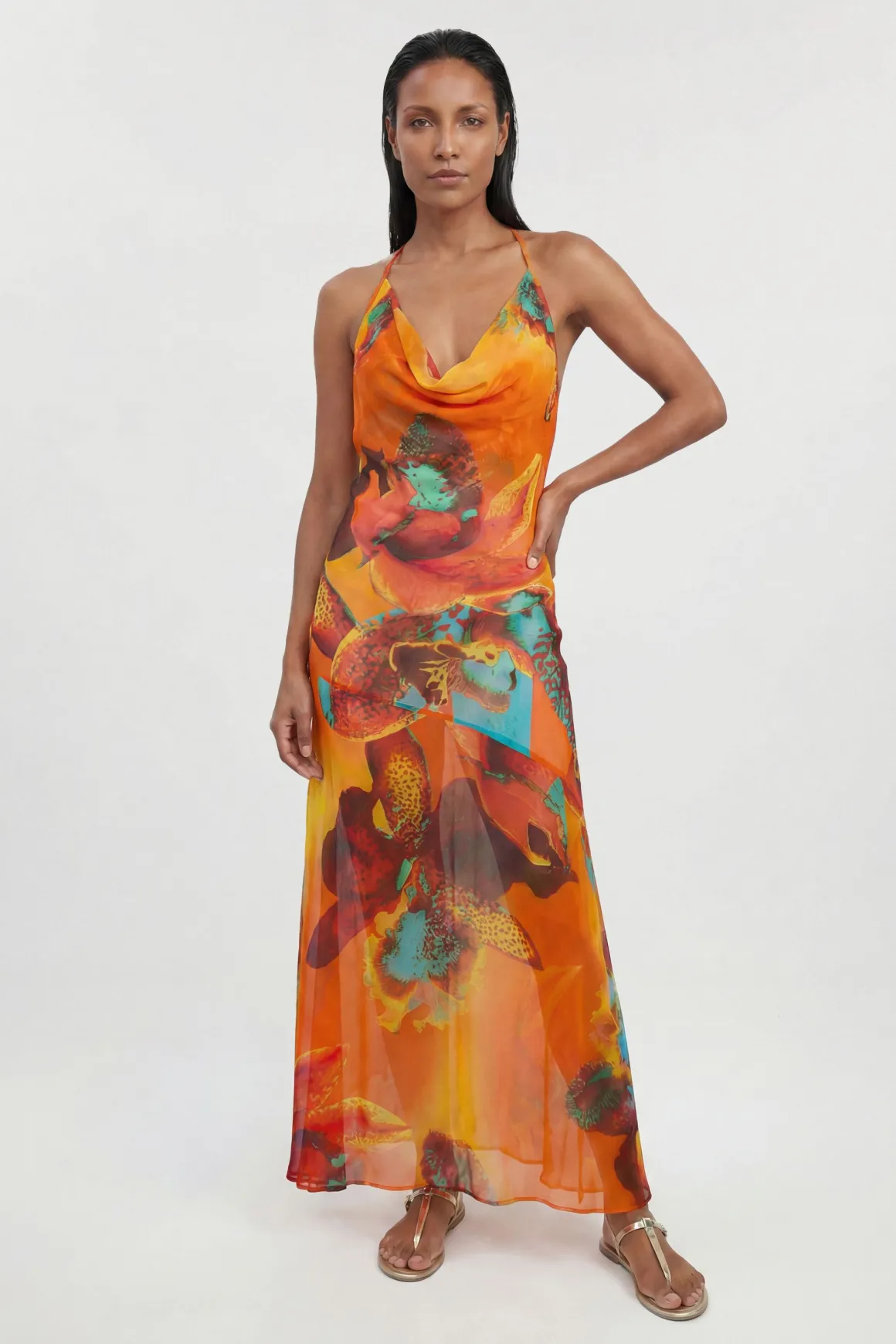Robe Longue De Plage En Georgette De Viscose À Imprimé Floral Photographique