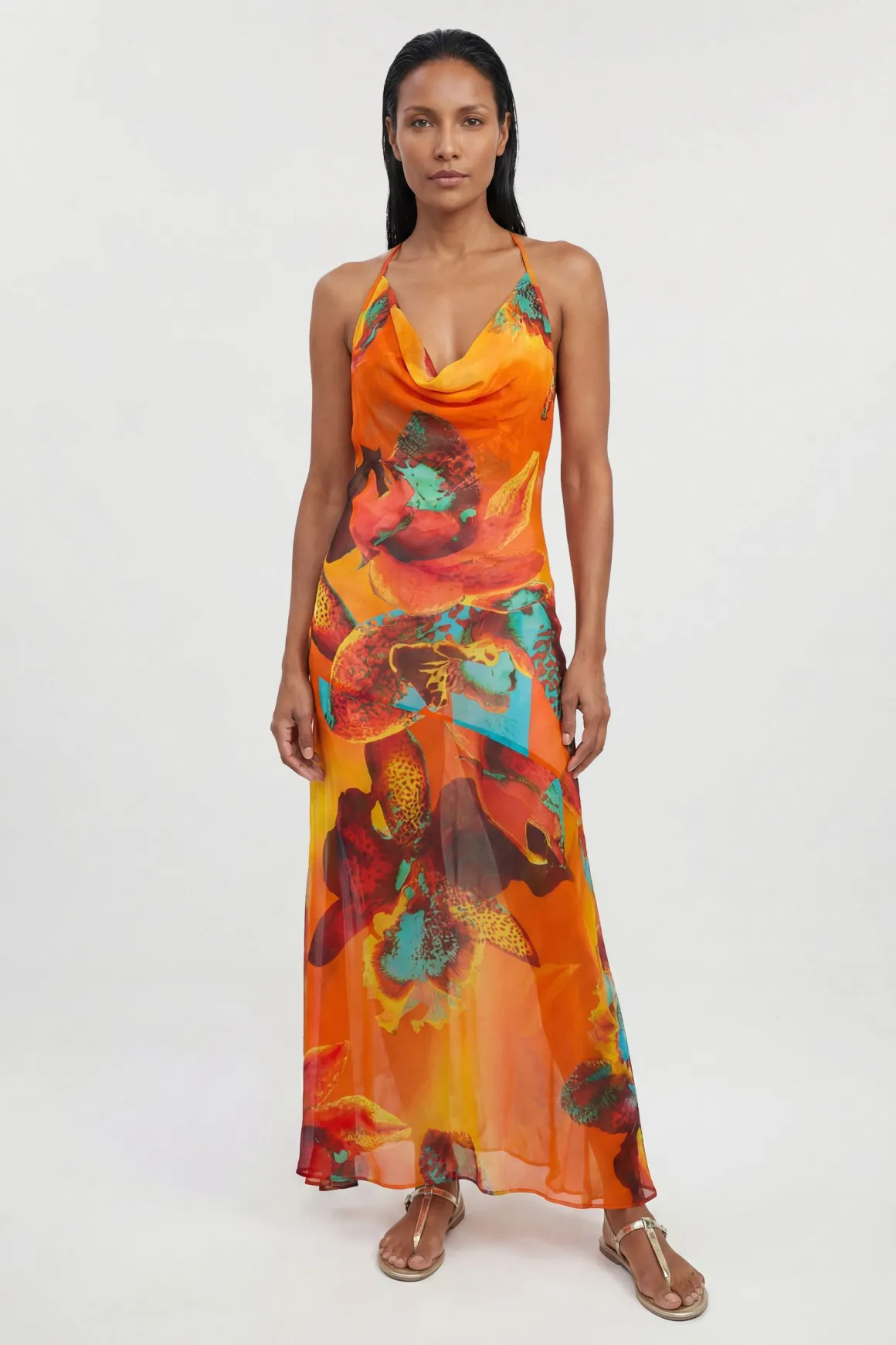 Robe Longue De Plage En Georgette De Viscose À Imprimé Floral Photographique