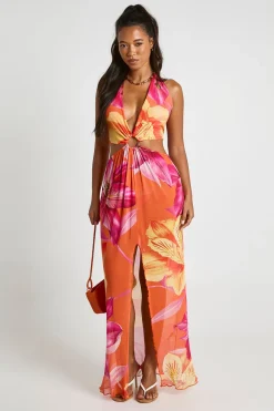 boohoo Robe Longue De Plage En Maille Transparente À Imprimé Floral Avec Découpes Et Col Licou<Femme Robes|Robes Dos Nu