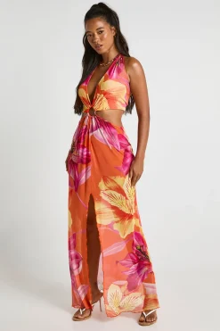 boohoo Robe Longue De Plage En Maille Transparente À Imprimé Floral Avec Découpes Et Col Licou<Femme Robes|Robes Dos Nu