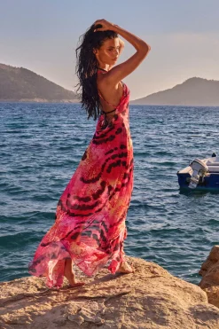 Robe Longue De Plage En Mesh Transparent À Imprimé Fleuri Avec Détails Volantés
