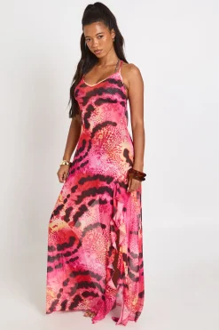 Robe Longue De Plage En Mesh Transparent À Imprimé Fleuri Avec Détails Volantés