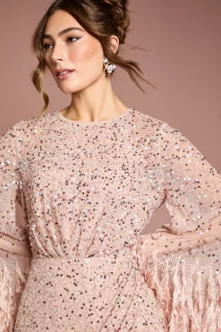 Coast Robe Longue de Soirée Noire Ornée de Sequins et Bordure de Plumes<Femme Robes Bal De Promo|Robes À Manches Longues