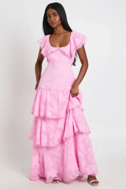 boohoo Robe Longue D'occasion À Dos Ouvert Avec Détails Volantés En Tissu Dévoré<Femme Toutes Les Robes|Robes Longues