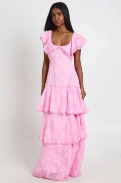 boohoo Robe Longue D'occasion À Dos Ouvert Avec Détails Volantés En Tissu Dévoré<Femme Toutes Les Robes|Robes Longues