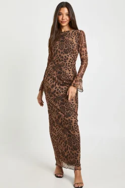 Robe Longue à Dos en Dentelle et Maille Léopard