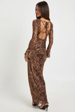 Robe Longue à Dos en Dentelle et Maille Léopard