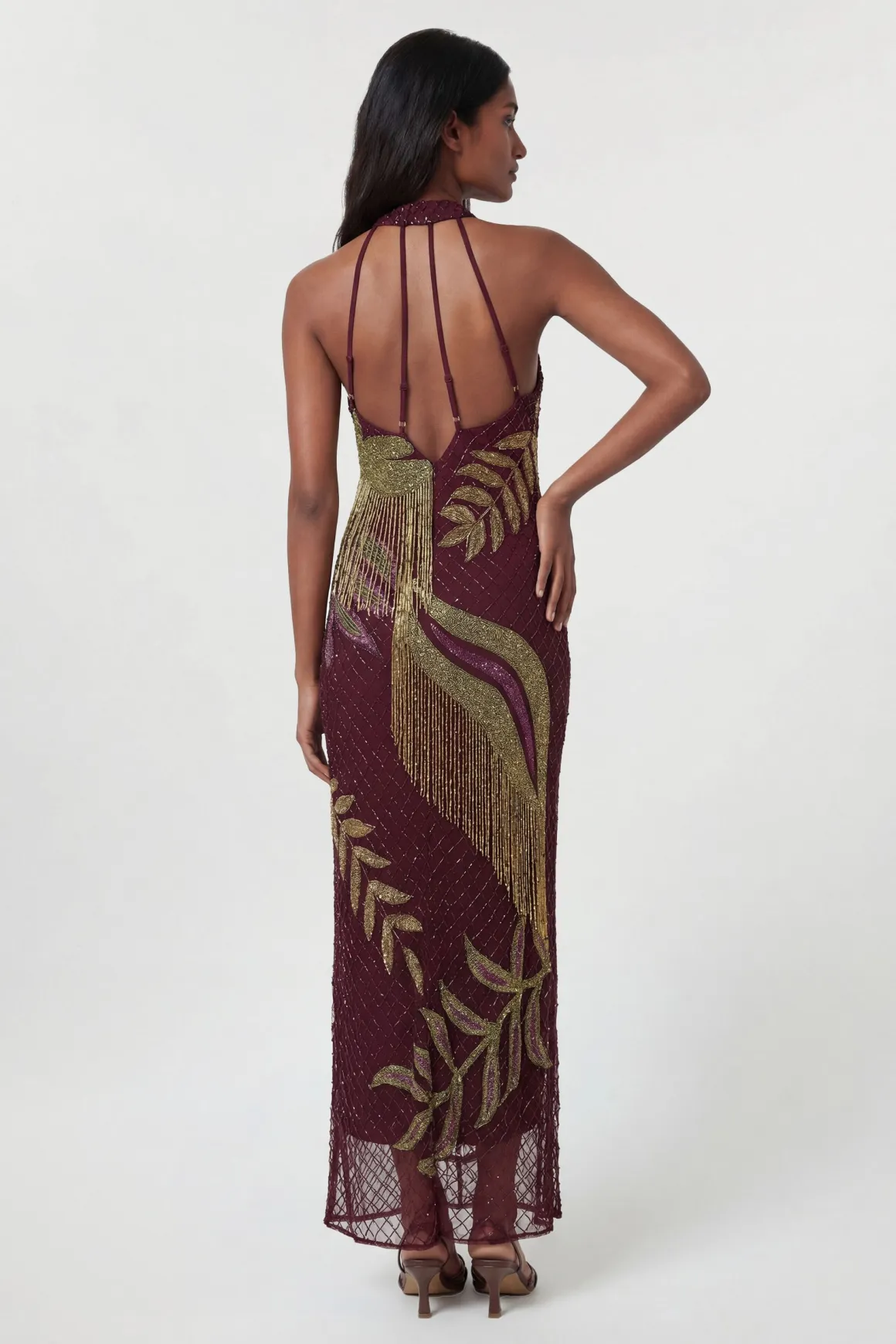 Robe Longue Dos Nu À Bretelles Avec Perles Motif Tropical Petite