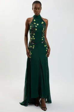 Robe Longue Dos Nu À Col Halter Avec Ornements Floraux Brodés Main