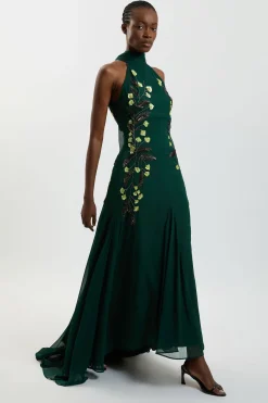 Robe Longue Dos Nu À Col Halter Avec Ornements Floraux Brodés Main
