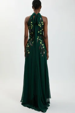 Robe Longue Dos Nu À Col Halter Avec Ornements Floraux Brodés Main