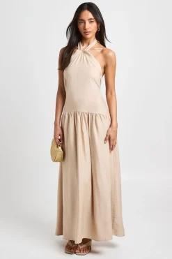 boohoo Robe Longue Dos Nu À Col Licou Croisé En Tissu Texturé<Femme Tons Neutres|Robes Patineuses