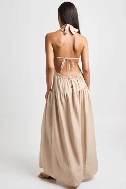 boohoo Robe Longue Dos Nu À Col Licou Croisé En Tissu Texturé<Femme Tons Neutres|Robes Patineuses