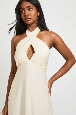 Robe Longue Dos Nu À Col Licou Torsadé En Tissu Texturé Tissé