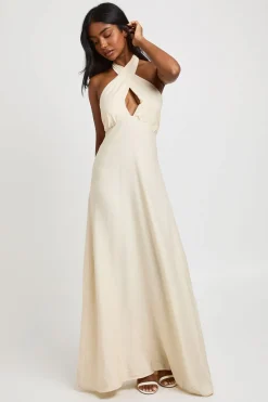 Robe Longue Dos Nu À Col Licou Torsadé En Tissu Texturé Tissé
