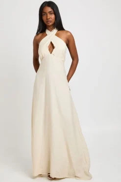 Robe Longue Dos Nu À Col Licou Torsadé En Tissu Texturé Tissé