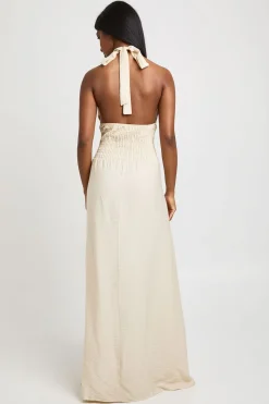 Robe Longue Dos Nu À Col Licou Torsadé En Tissu Texturé Tissé