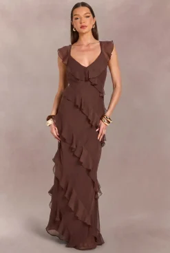 Robe Longue Dos Nu En Mousseline Ton Sur Ton Avec Détails À Volants