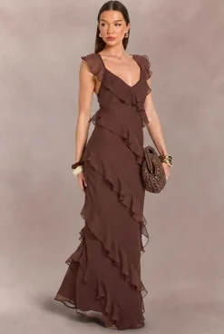 Robe Longue Dos Nu En Mousseline Ton Sur Ton Avec Détails À Volants