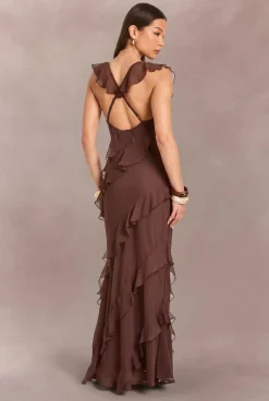 Robe Longue Dos Nu En Mousseline Ton Sur Ton Avec Détails À Volants