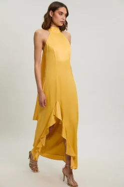 Robe Longue Dos Nu En Viscose Satinée Avec Détail Volant