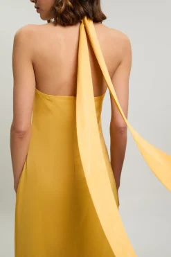 Robe Longue Dos Nu En Viscose Satinée Avec Détail Volant
