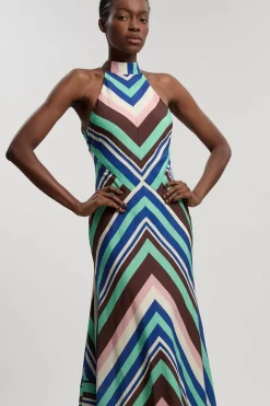 Robe Longue Dos-nu Tissée En Mélange De Coton À Rayures Fluides Multicolores