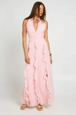 Robe Longue Dos Nu À Volants En Mousseline Avec Détail Froncé À La Taille