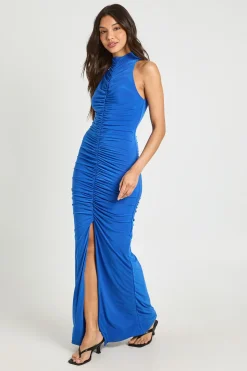 boohoo Robe Longue À Double Épaisseur Avec Fronces Sur Le Corsage Et Fente Frontale<Femme Robes De Soirée|Toutes Les Robes