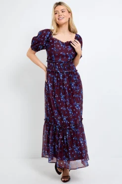 Robe Longue DP Luxe à Imprimé Floral Ditsy Chocolat en Organza avec Détails à Volants et Manches Bouffantes