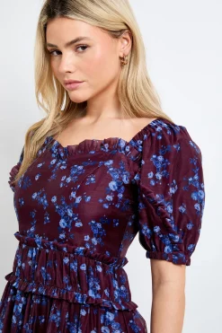 Robe Longue DP Luxe à Imprimé Floral Ditsy Chocolat en Organza avec Détails à Volants et Manches Bouffantes