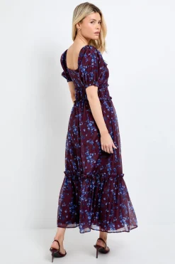 Robe Longue DP Luxe à Imprimé Floral Ditsy Chocolat en Organza avec Détails à Volants et Manches Bouffantes