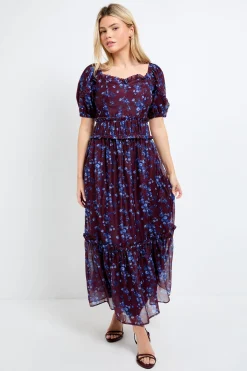 Robe Longue DP Luxe à Imprimé Floral Ditsy Chocolat en Organza avec Détails à Volants et Manches Bouffantes