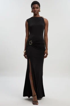 Robe Longue Drapée en Crêpe avec Détails Froncés et Finitions