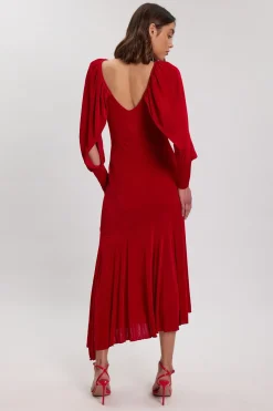Robe Longue Drapée En Crêpe À Manches Longues Et Dos Décolleté En V