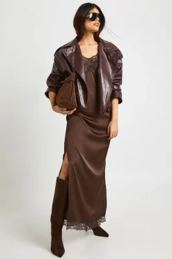 Robe Longue Droite en Mélange Satin et Dentelle