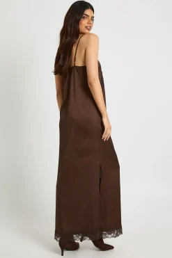 Robe Longue Droite en Mélange Satin et Dentelle