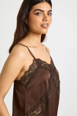 Robe Longue Droite en Mélange Satin et Dentelle