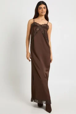 Robe Longue Droite en Mélange Satin et Dentelle