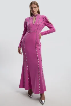 Robe Longue à Détail Décolleté Plongeant Tissée et Ornée de Cristaux