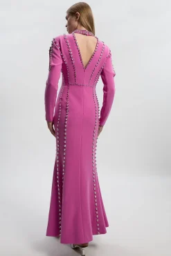 Robe Longue à Détail Décolleté Plongeant Tissée et Ornée de Cristaux