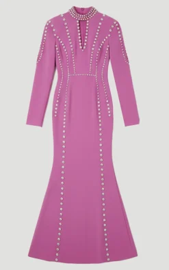 Robe Longue à Détail Décolleté Plongeant Tissée et Ornée de Cristaux