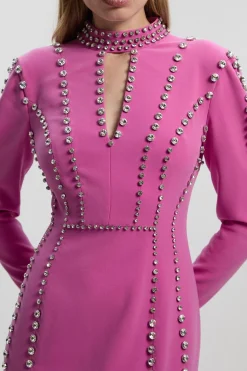 Robe Longue à Détail Décolleté Plongeant Tissée et Ornée de Cristaux