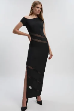 KarenMillen Robe Longue à Encolure Asymétrique avec Panneaux Mesh Ajustés<Femme Toutes Les Robes|Robes D’Automne